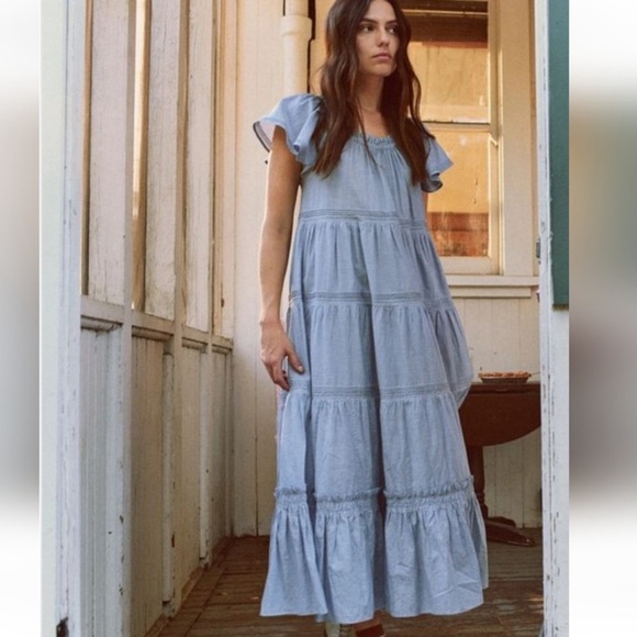 The GREAT. Nightingale Midi Dress in Light Chambray Blue Small - Picture 1 of 11